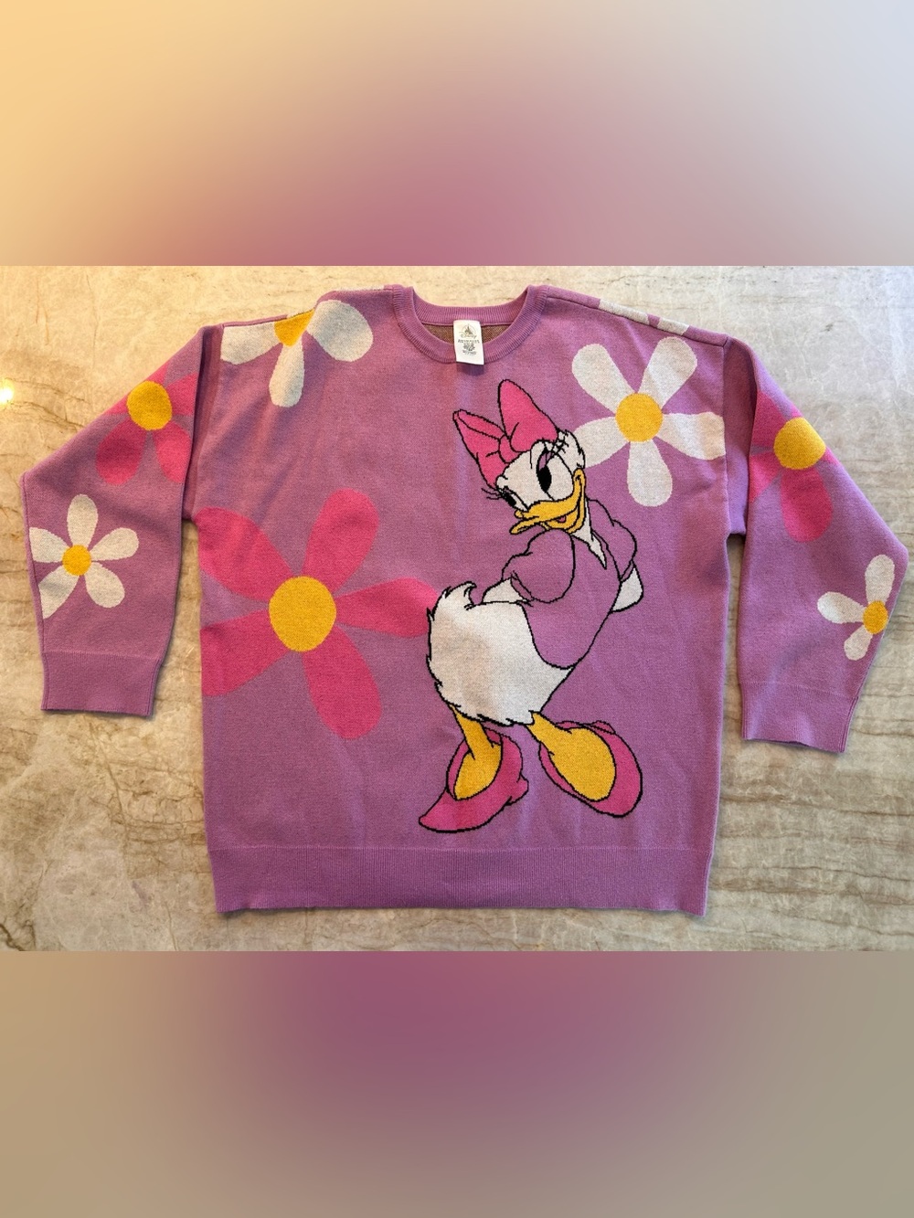 Disney Daisy Duck Floral Sweater Purple Knit Pullover XL